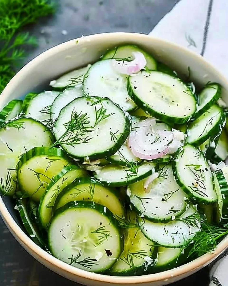 Fresh cucumber dill salad with herbs in a bowl
