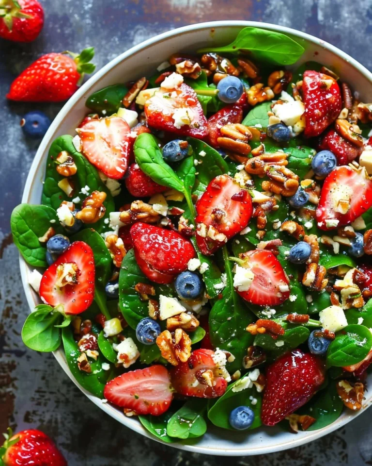 Quick strawberry spinach salad with fresh strawberries and spinach leaves