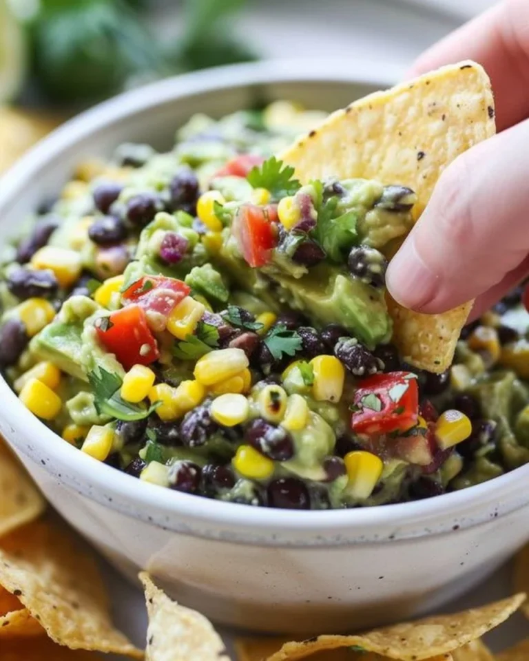 Delicious Avocado Corn Black Bean Dip served in a bowl with tortilla chips.