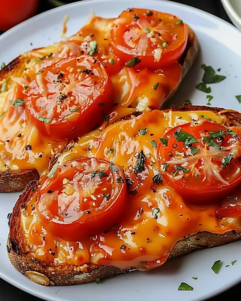 Buttery tomatoes served on golden cheese on toast for a delicious meal