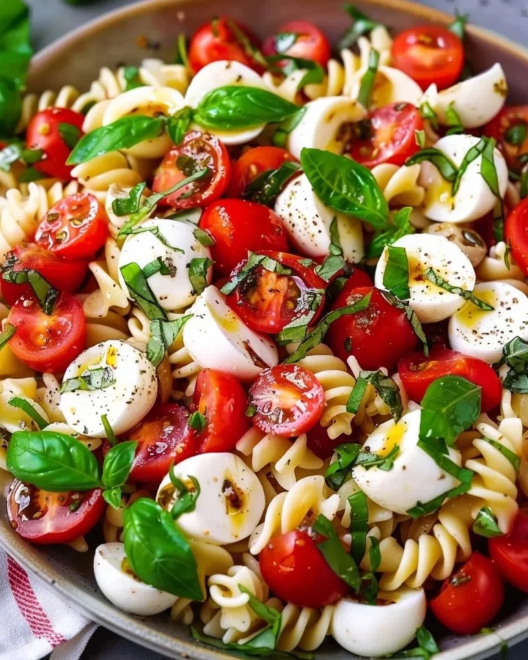 Delicious Caprese Pasta Salad with mozzarella, tomatoes, and fresh basil