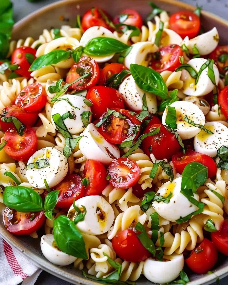 Delicious Caprese Pasta Salad with mozzarella, tomatoes, and fresh basil