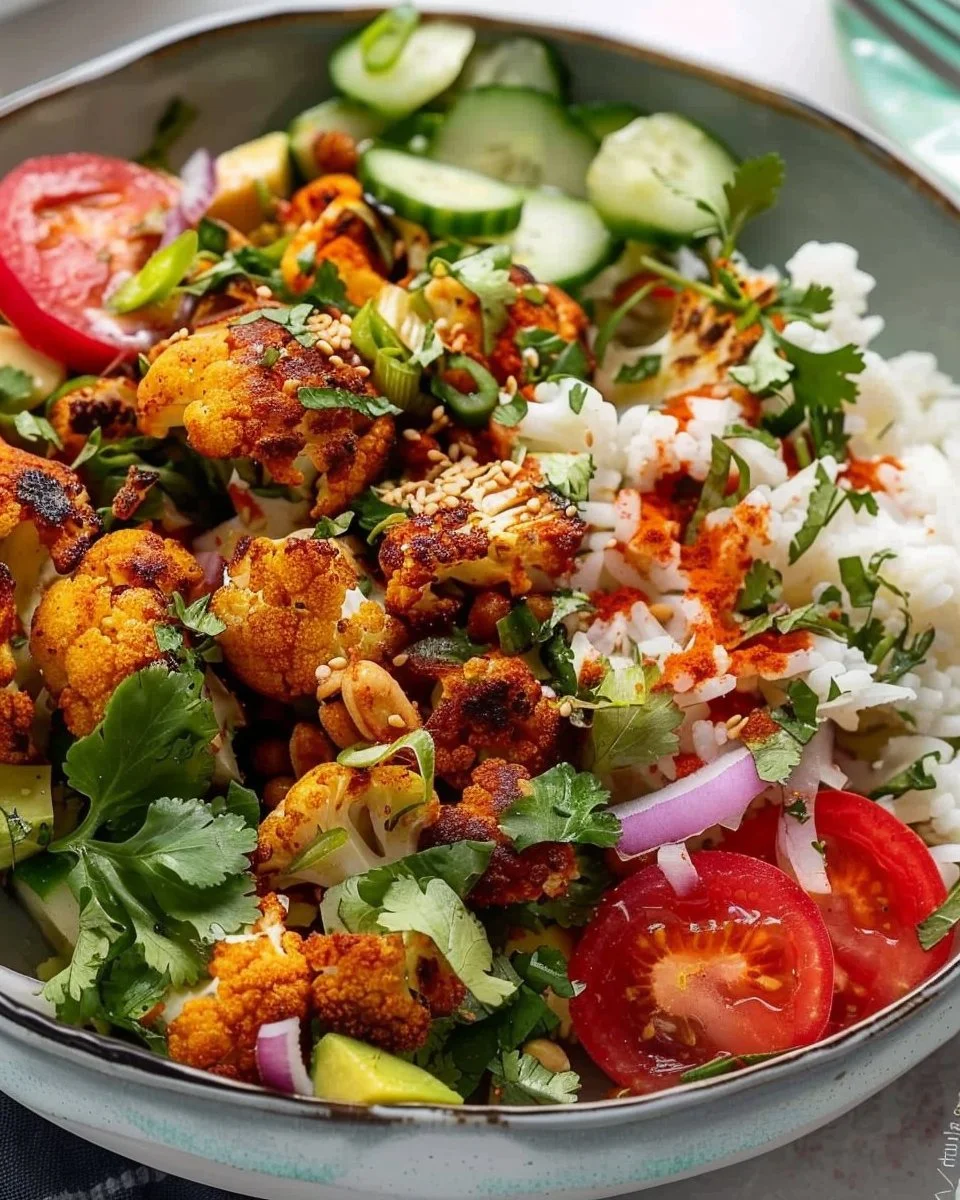 Delicious and colorful Cauliflower Shawarma bowls topped with fresh ingredients