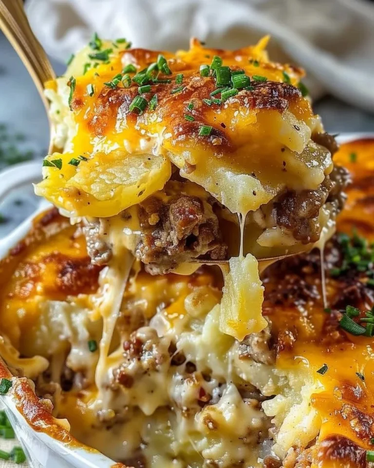Cheesy Hamburger Potato Casserole dish garnished and ready to serve
