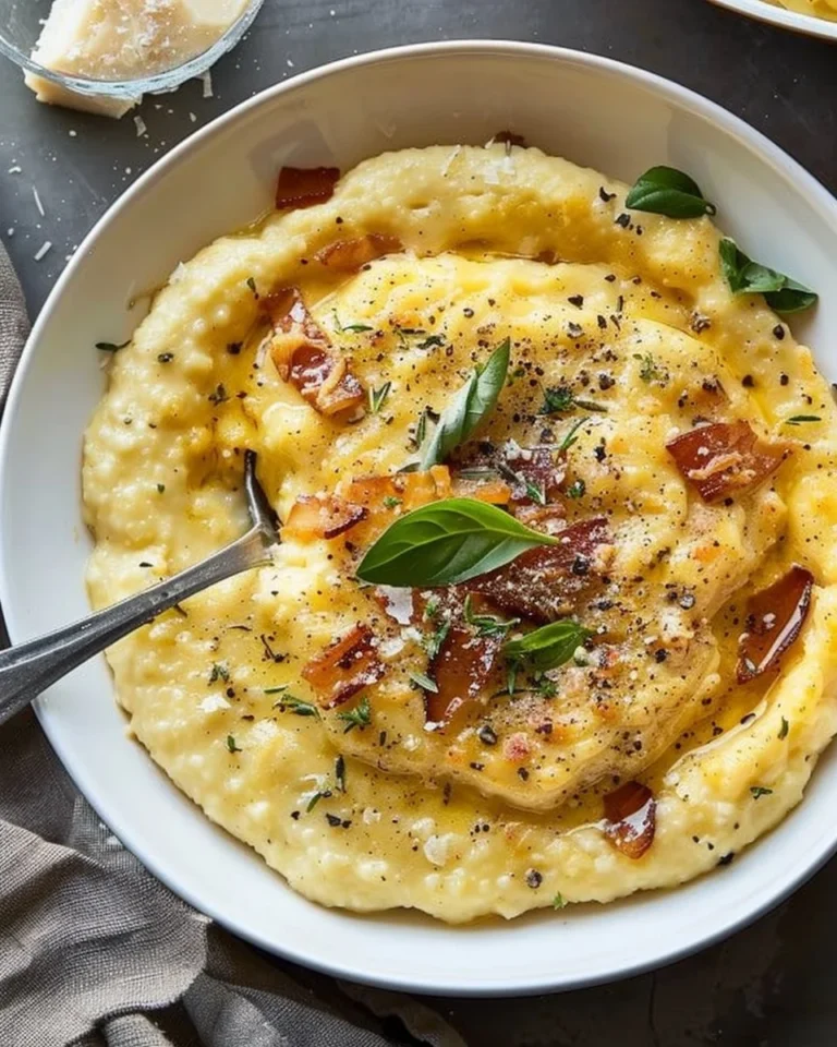 Creamy cheesy polenta served in a bowl with herbs and spices