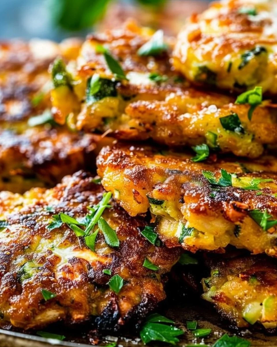 Cheesy zucchini chicken fritters served on a plate with dipping sauce