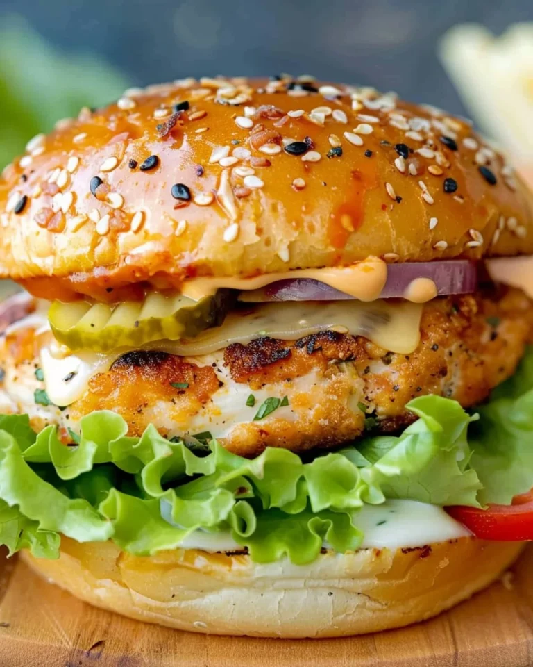 Juicy chicken burgers served with fresh toppings on a rustic wooden table.