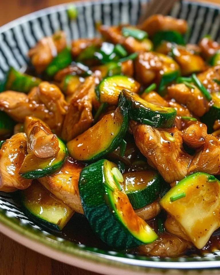 Delicious chicken zucchini stir-fry dish served in a bowl