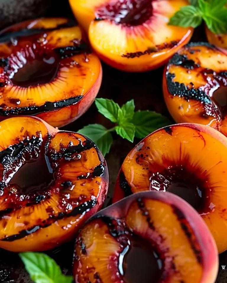 Cinnamon-honey glazed grilled peaches served on a plate