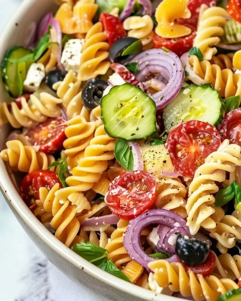 A colorful bowl of classic pasta salad with vegetables and dressing