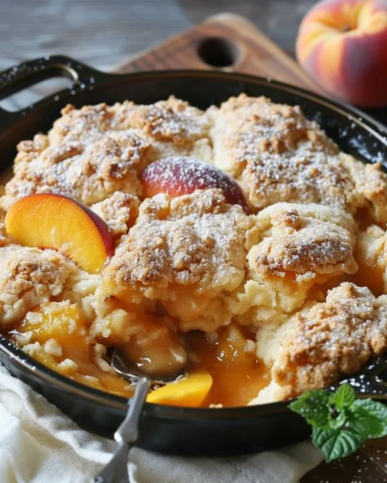 Classic Southern peach cobbler with juicy peaches and flaky crust