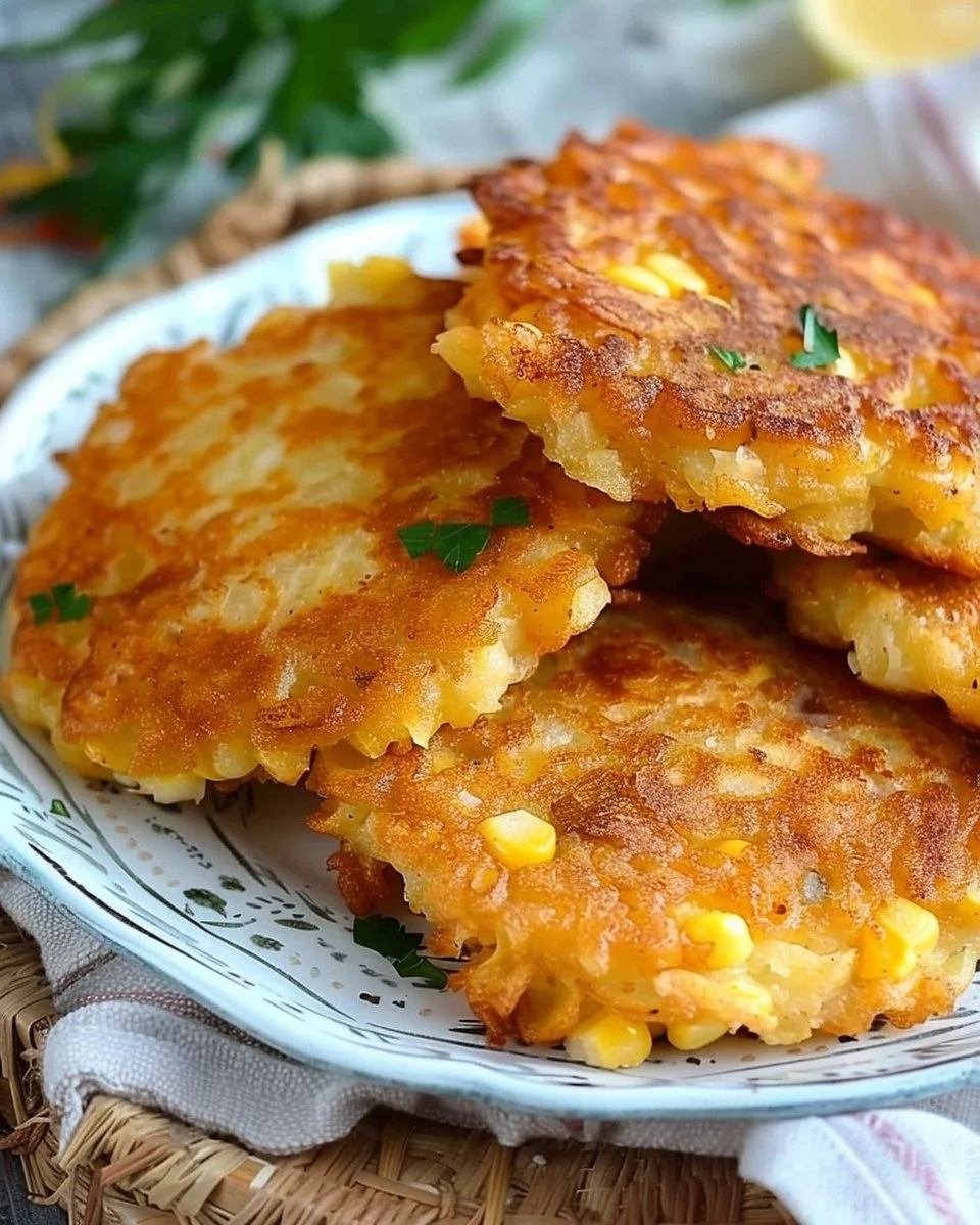 Golden brown corn fritters served on a plate with dipping sauce