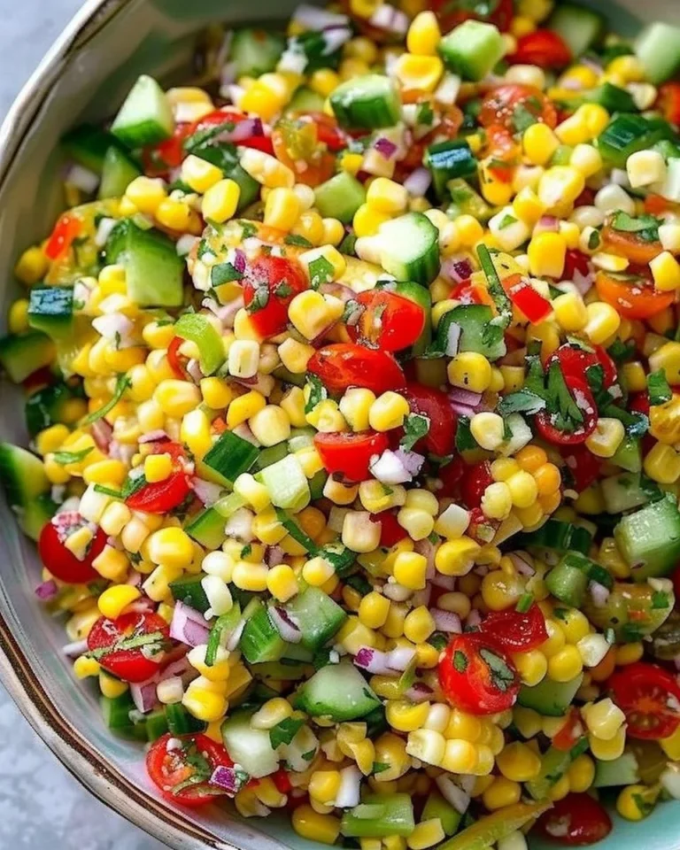 Colorful corn salad with fresh vegetables and dressing