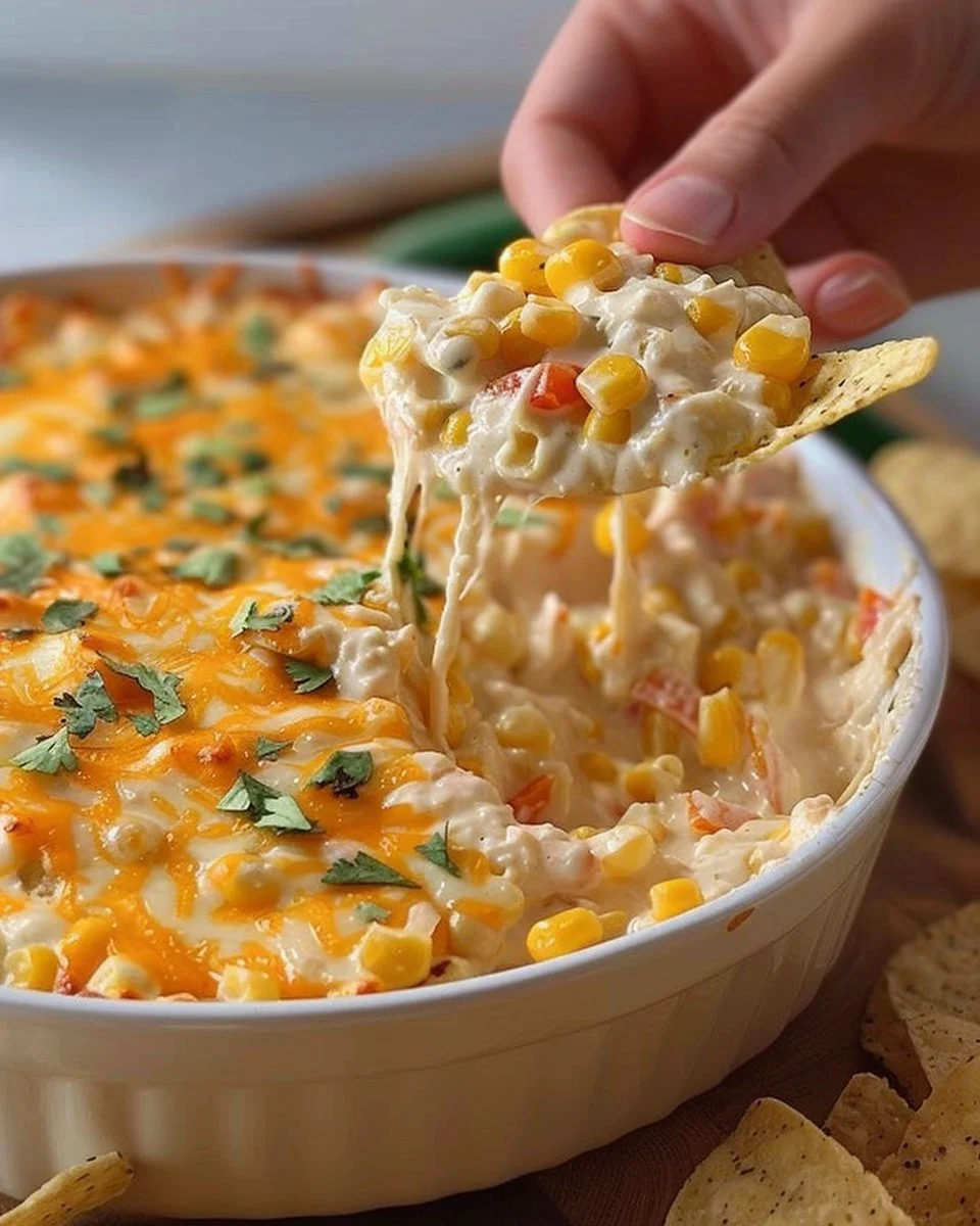 Creamy cheesy Mexican corn dip served in a bowl with tortilla chips