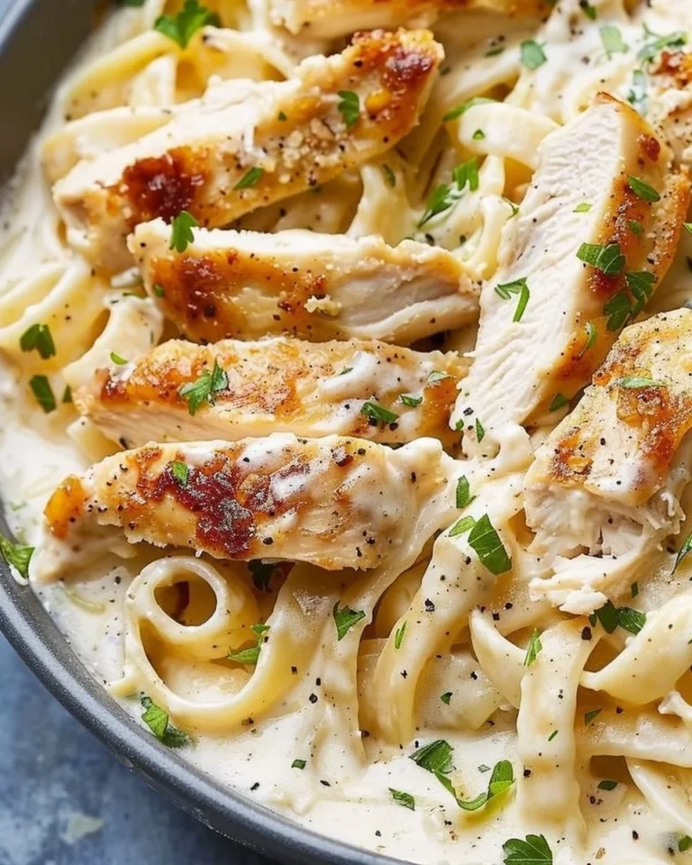 Delicious creamy Chicken Alfredo fettuccine served with herbs and garnished.
