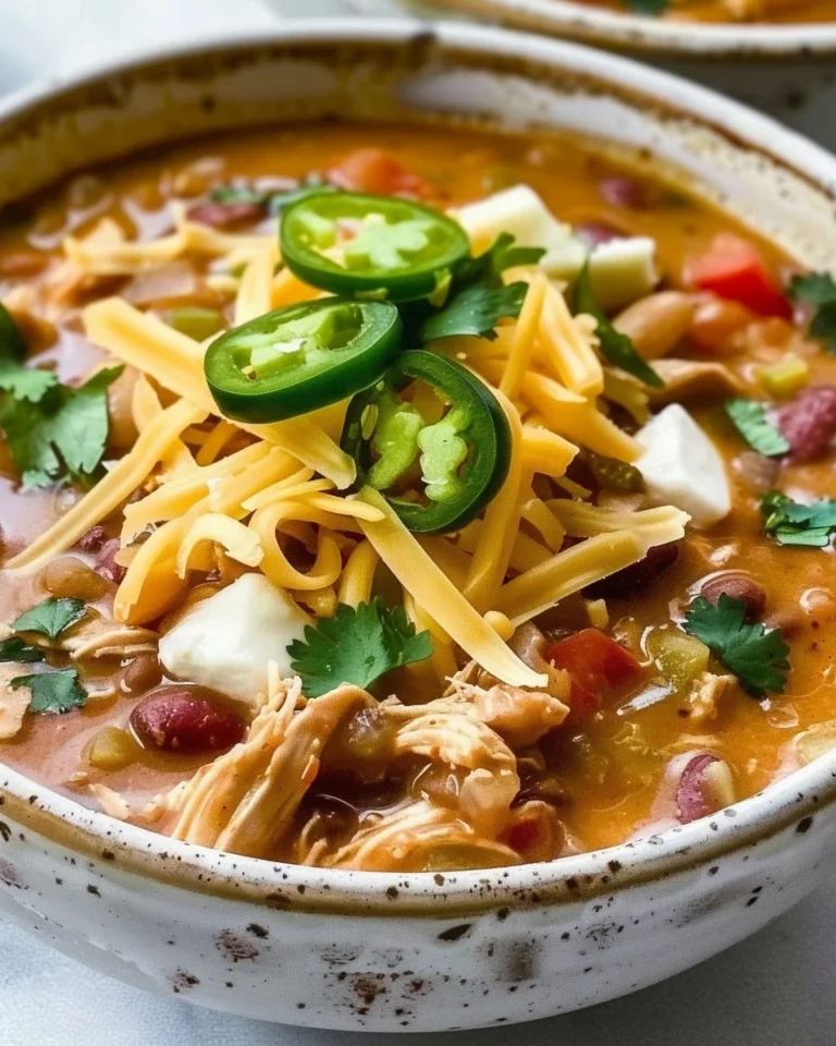 Creamy chicken chili served in a bowl with toppings like cilantro and cheese