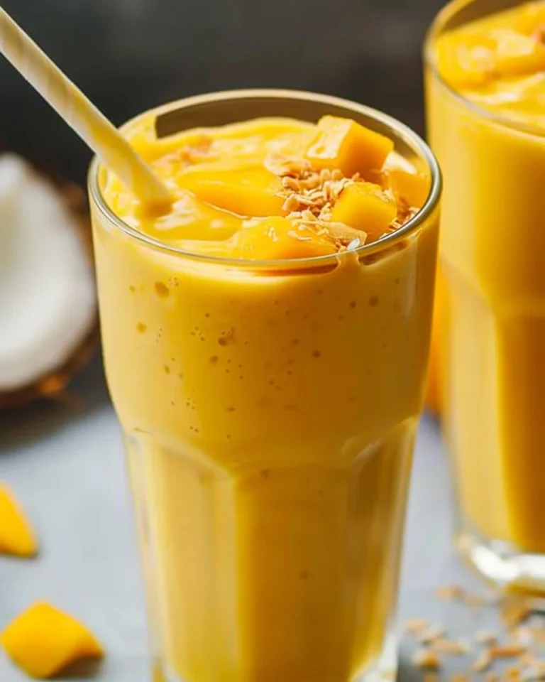 Creamy mango coconut milk smoothie in a glass with tropical decorations