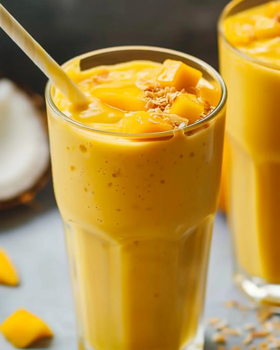 Creamy mango coconut milk smoothie in a glass with tropical decorations
