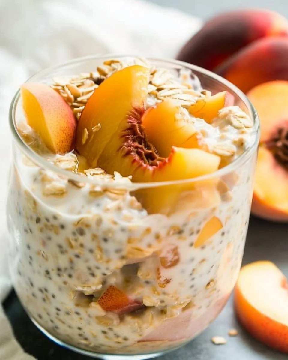 Bowl of creamy peach overnight oats topped with Greek yogurt and fresh peach slices