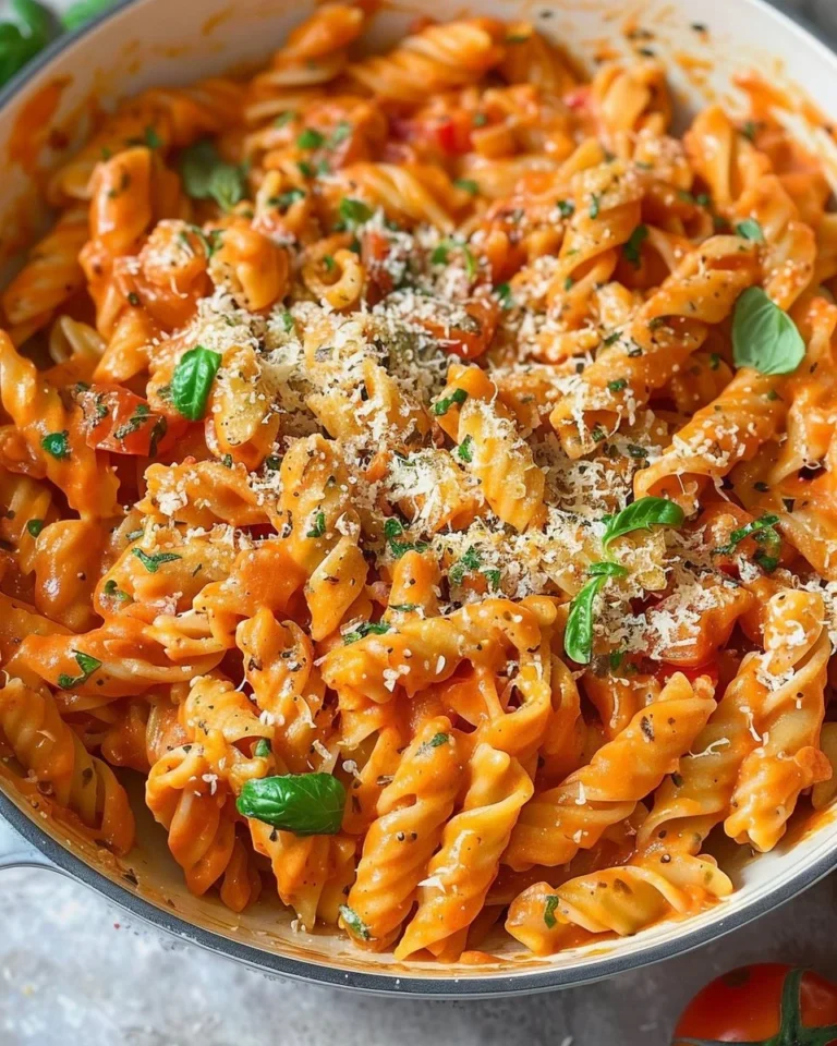 A bowl of creamy tomato garlic pasta garnished with fresh herbs and cheese.