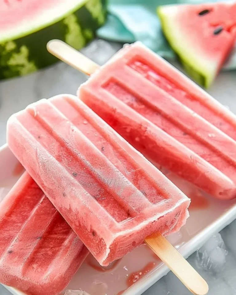 Creamy watermelon popsicles served in a colorful dish on a sunny day.