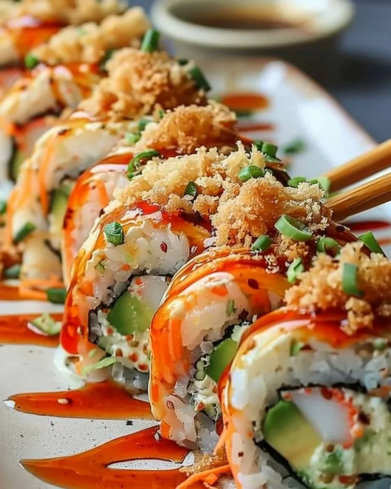 Crunchy California sushi roll topped with crispy textures and fresh ingredients.