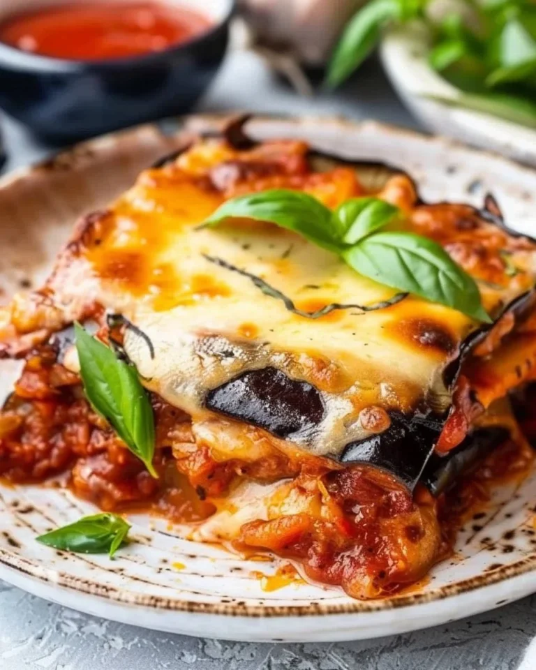 Delicious Eggplant Parmigiana layered with marinara sauce and melted cheese