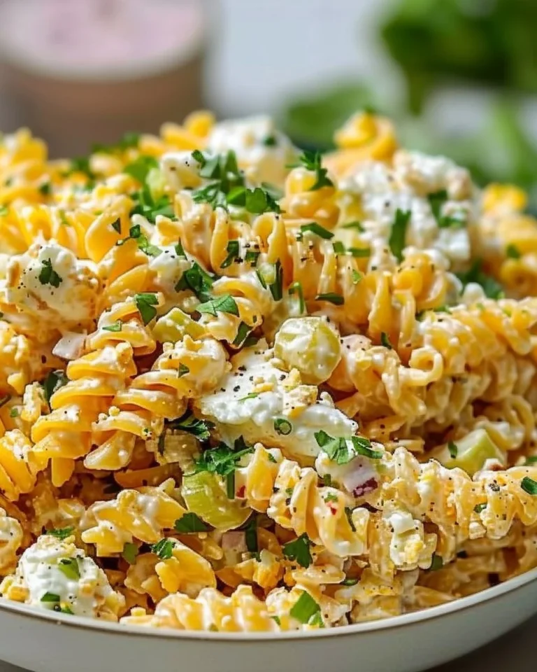 Elote pasta salad with Greek yogurt topped with fresh cilantro and corn.