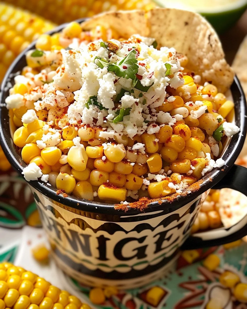 Delicious esquites, Mexican corn served in a cup with spices and lime.