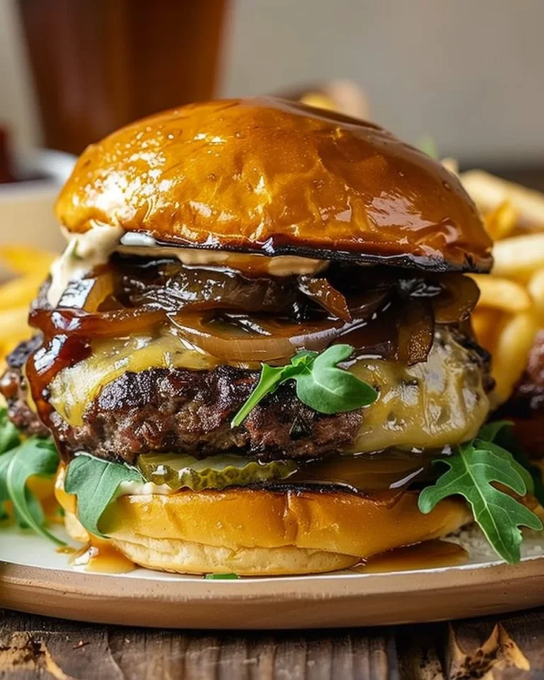 Juicy French Onion Burgers stacked high with caramelized onions and melted cheese