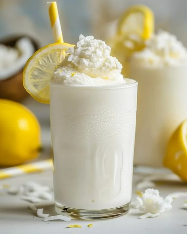 Refreshing Frozen Whipped Coconut Lemonade in a glass with a slice of lemon
