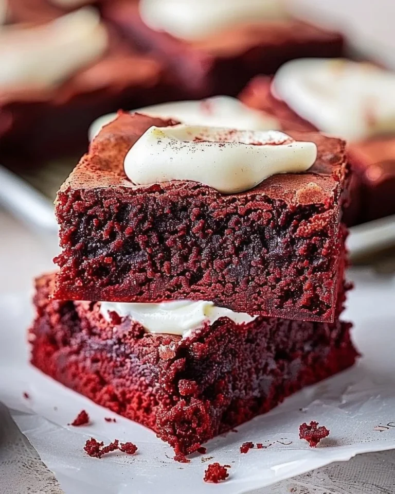 Delicious fudgy red velvet brownies topped with cream cheese frosting