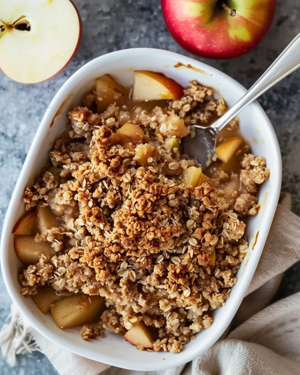 Healthy breakfast apple crumble topped with oats and fresh apples