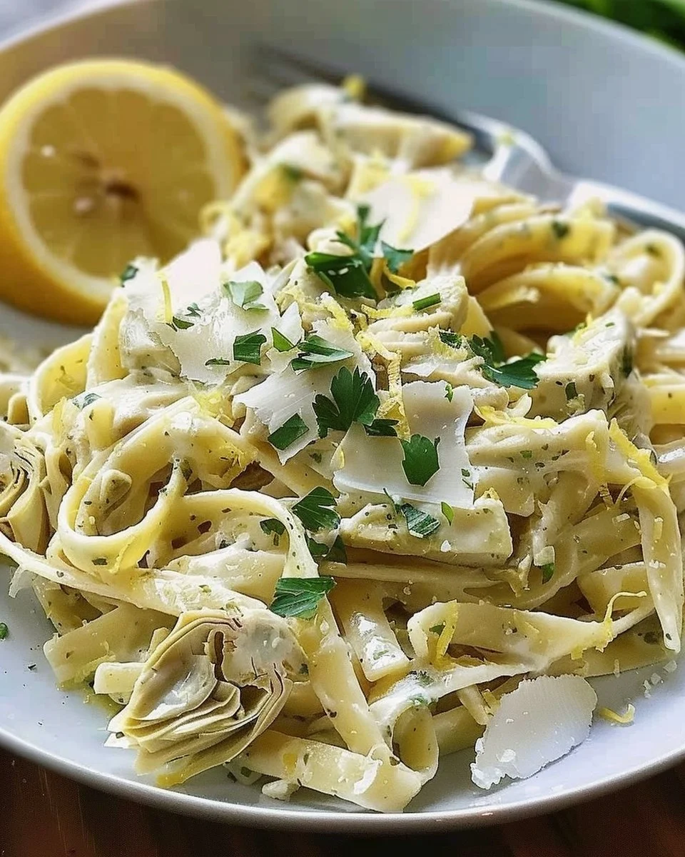 Delicious Lemon Artichoke Pasta garnished with fresh herbs and lemon zest