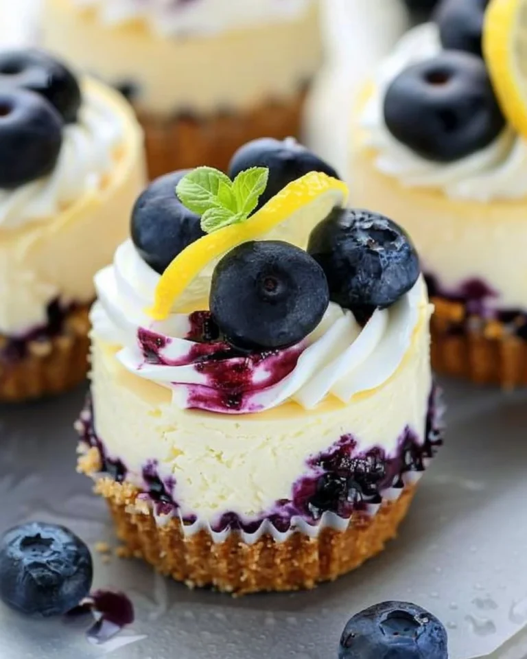 Delicious lemon blueberry mini cheesecakes on a white plate