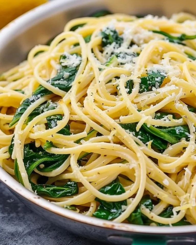 A bowl of lemon-spinach pasta garnished with fresh lemon slices and spinach leaves.