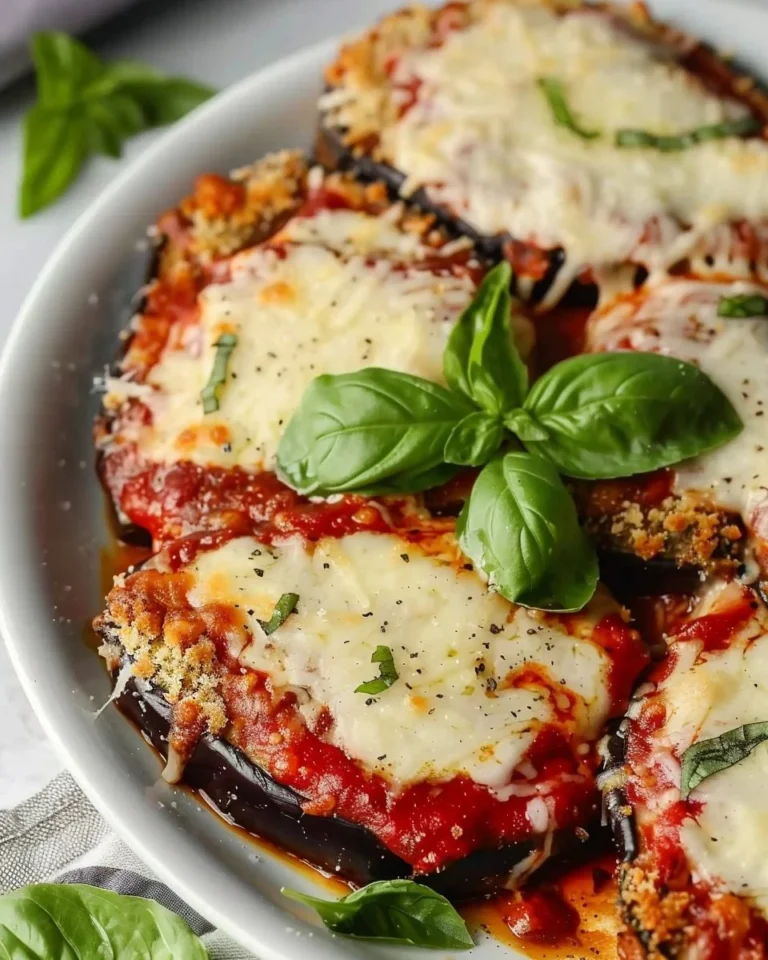 Low carb gluten-free eggplant parmesan dish with cheese and sauce