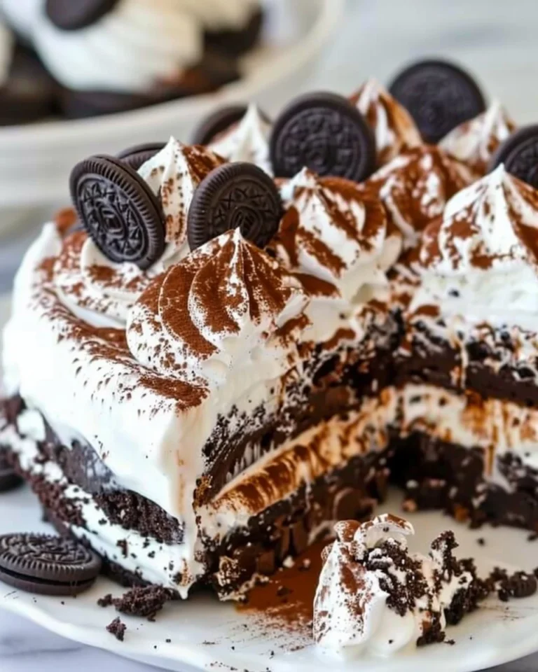 Oreo Ice Cream Sandwich Cake with creamy layers and cookie toppings