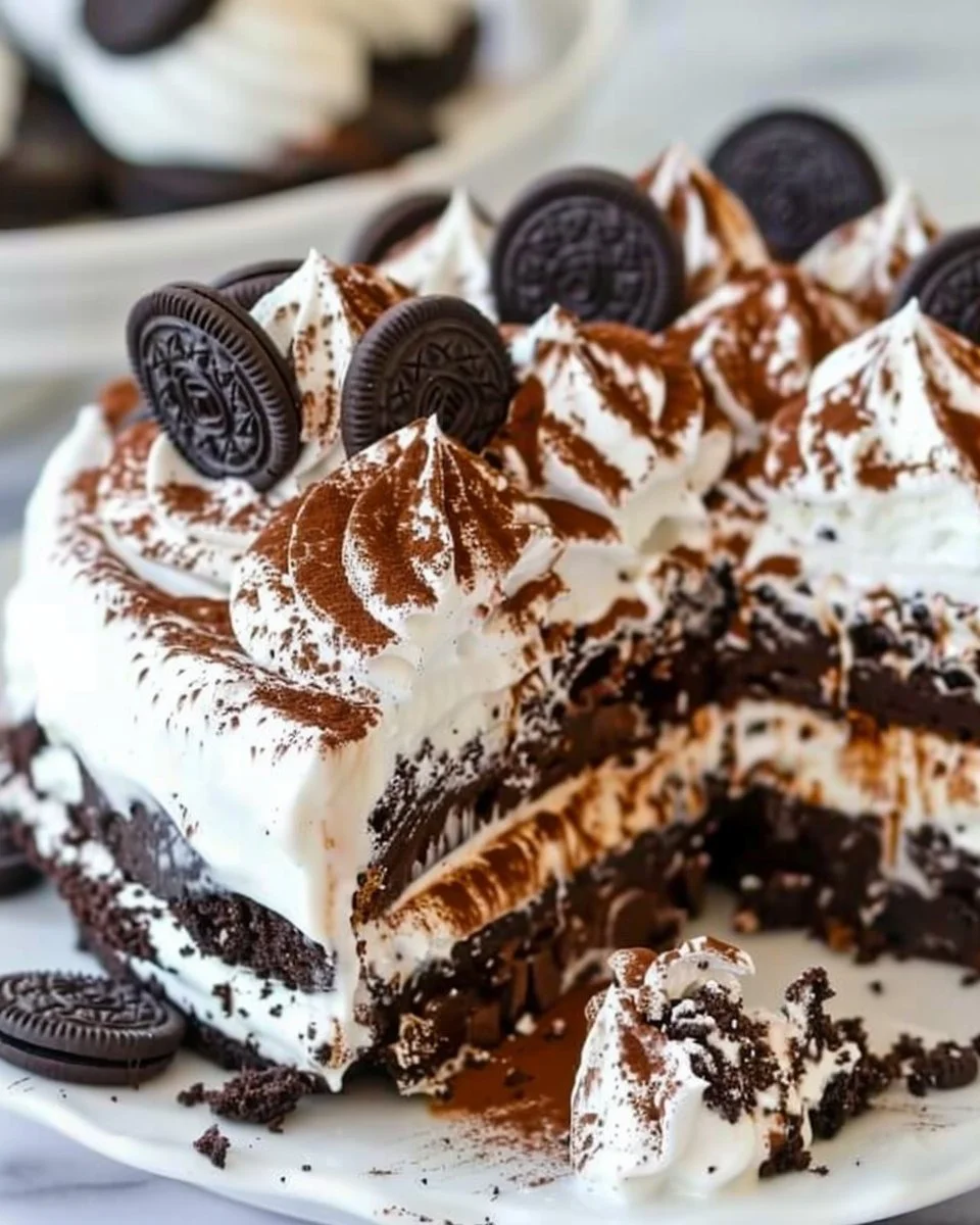 Oreo Ice Cream Sandwich Cake with creamy layers and cookie toppings