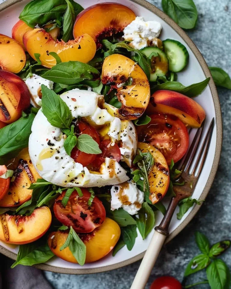 Delicious Peach Burrata Salad with fresh peaches and creamy burrata cheese