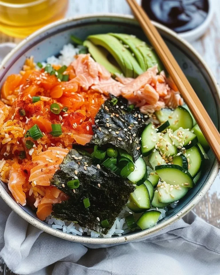 Healthy Salmon Rice Bowl garnished with vegetables and served in a bowl