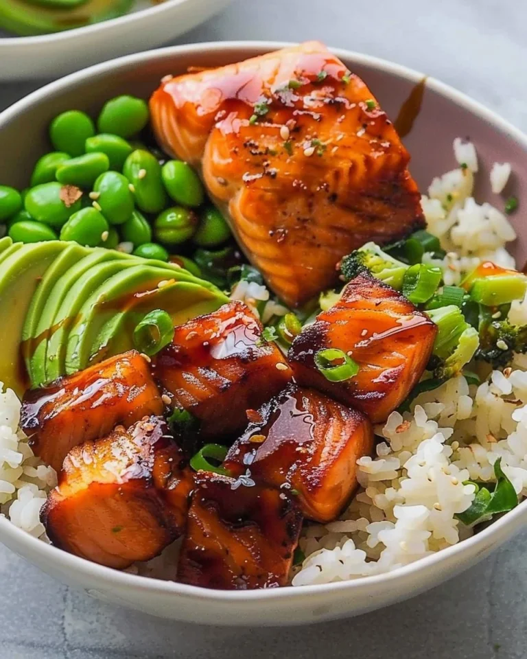 Delicious salmon teriyaki bowl with rice and vegetables