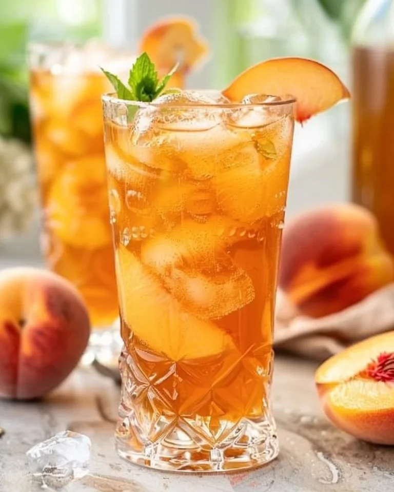 Glass of refreshing Southern peach iced tea on a wooden table