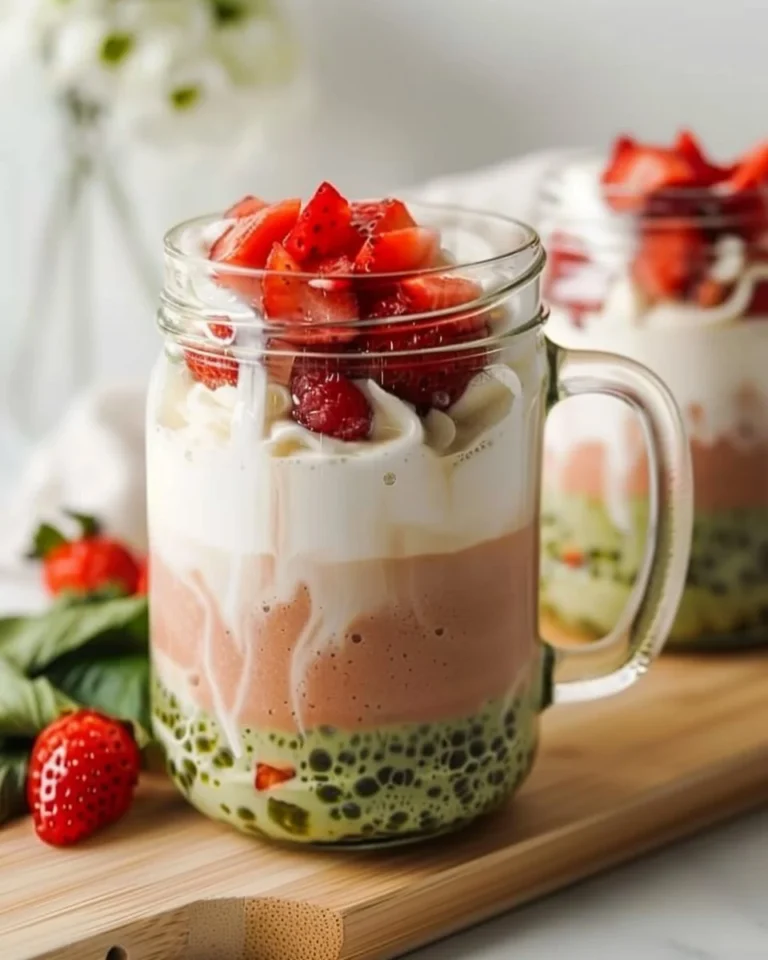 Strawberry Matcha Latte served with fresh strawberries and matcha powder.