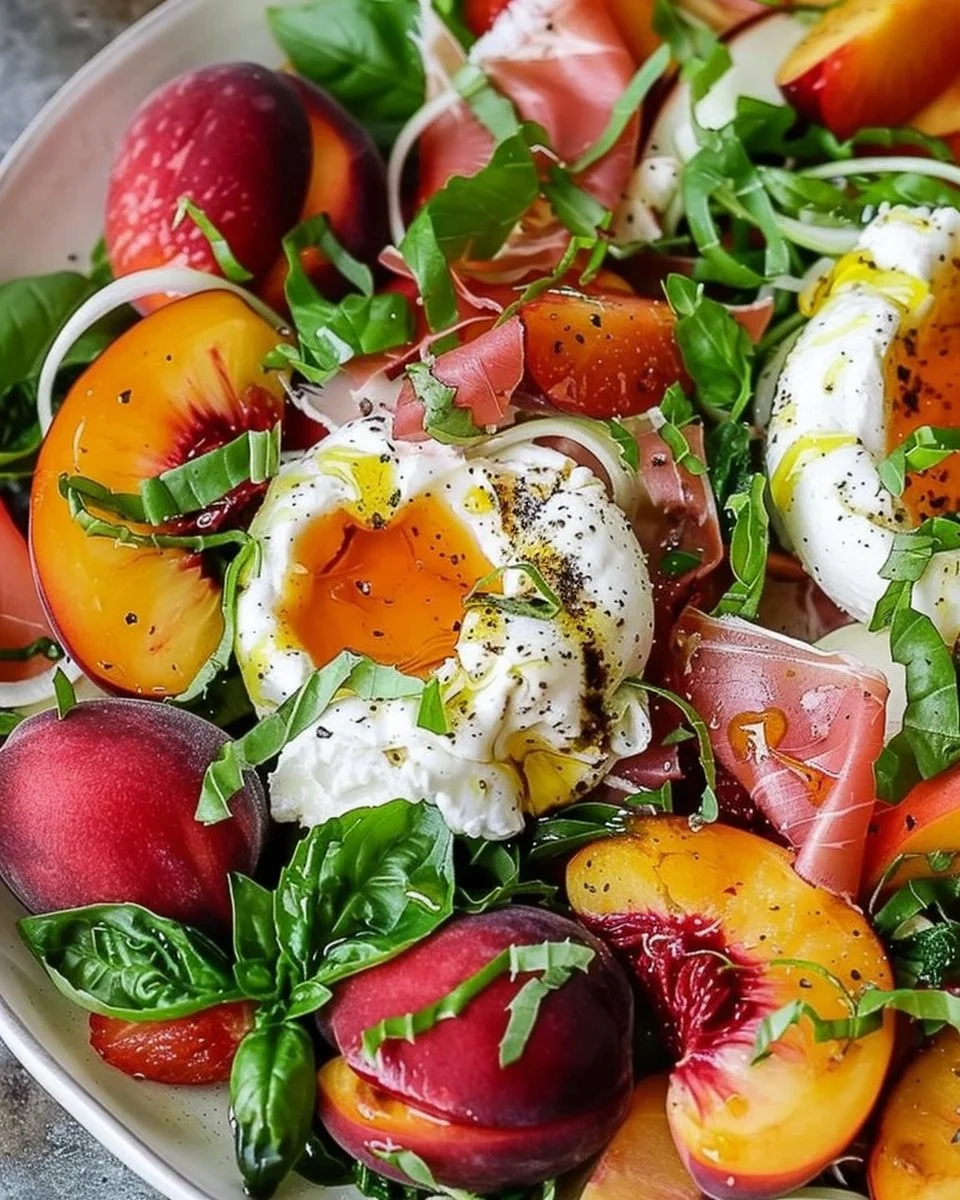 Summer Peach Burrata Salad featuring fresh peaches and creamy burrata cheese.