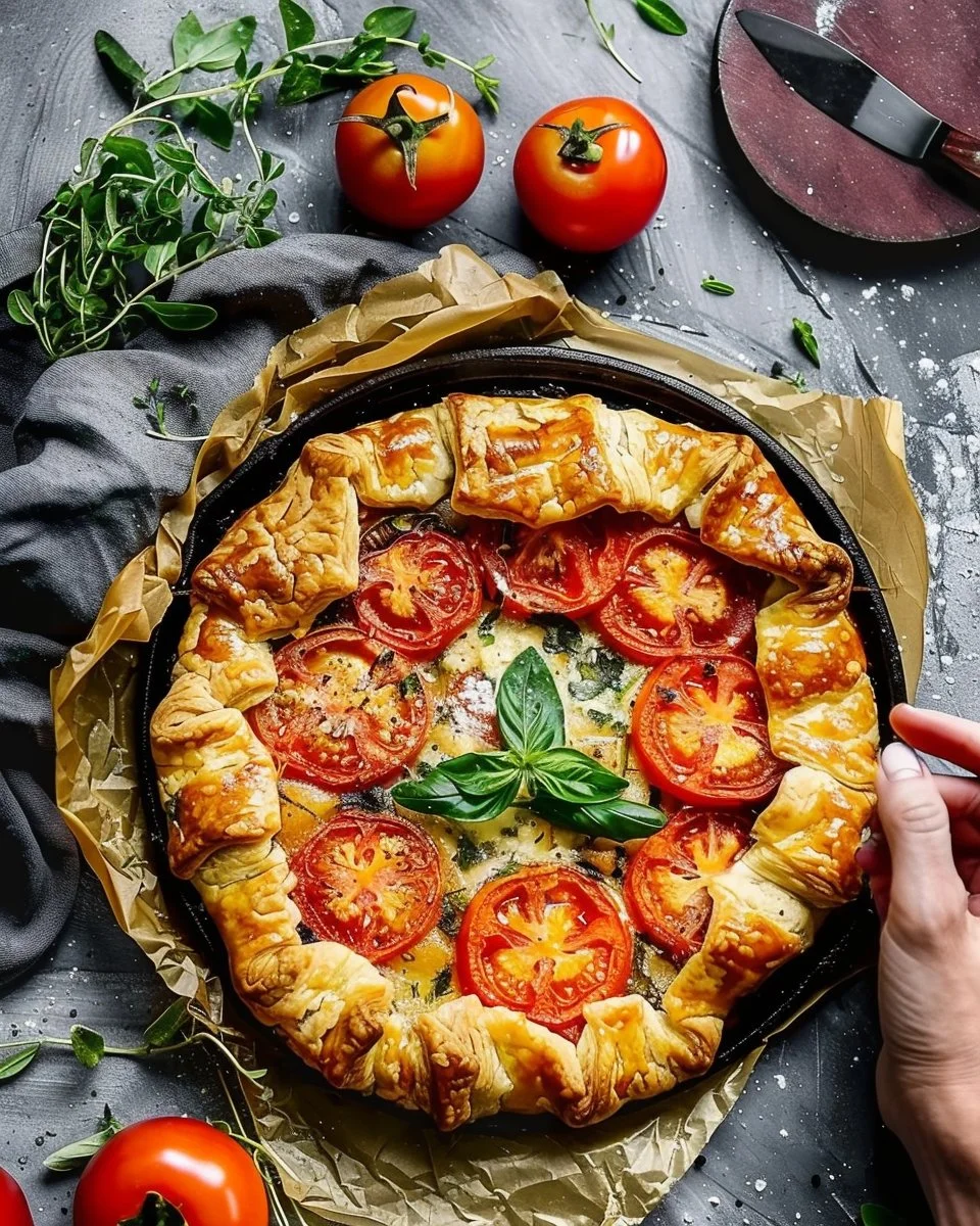 Deliciously baked Tomato Galette with fresh tomatoes and herbs