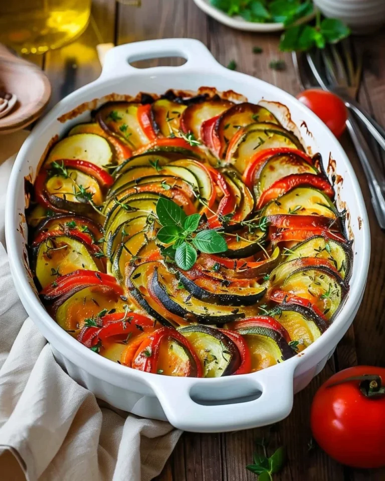 Delicious vegetable casserole fresh from the oven, garnished with herbs.