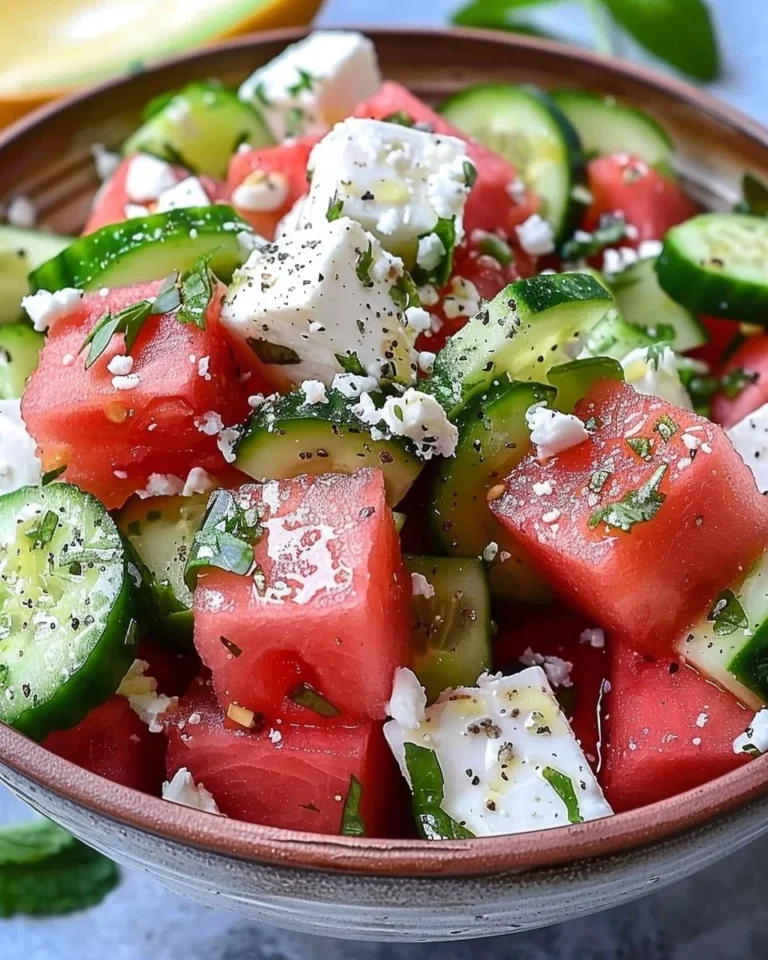 A vibrant Watermelon Cucumber Feta Salad served in a bowl, showcasing fresh ingredients.