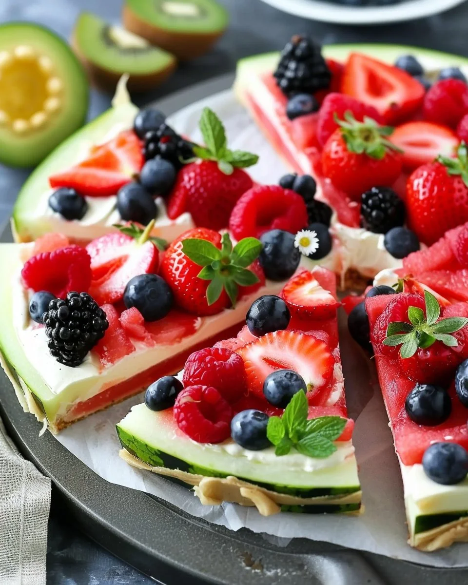 Delicious watermelon pizza topped with fresh fruits and yogurt.