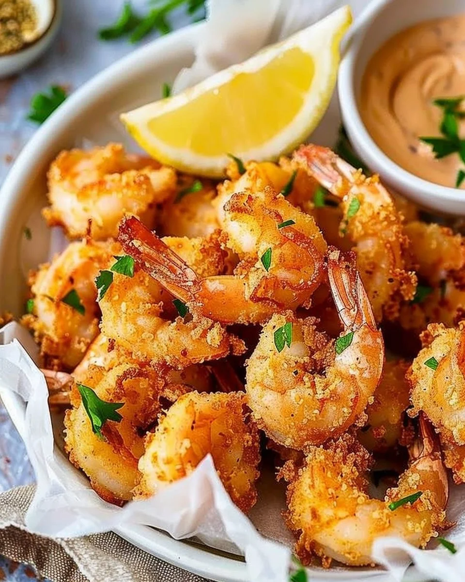 Crispy air fryer popcorn shrimp served with dipping sauce